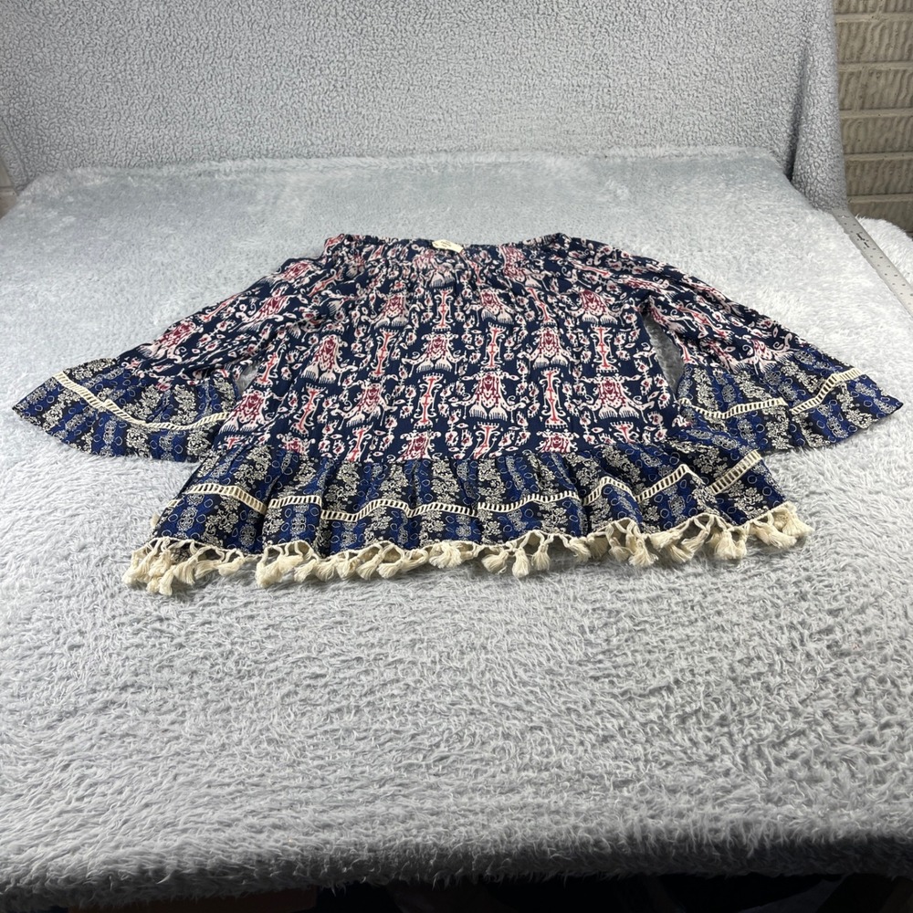 Entro Boho Mixed Print Tassel Bell Sleeve Off Shoulder Top Navy Blue Medium